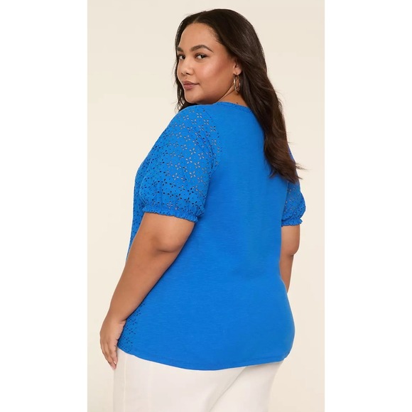 LANE BRYANT Eyelet & Knit Notch Neck Blouse WOMENS 14 / 16 SHORT SLEEVE Blue NWT - Picture 10 of 11